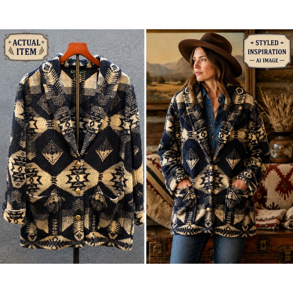 Lauren Ralph Lauren Fleece Cardigan Women Southwestern Navy M Excellent Boho
